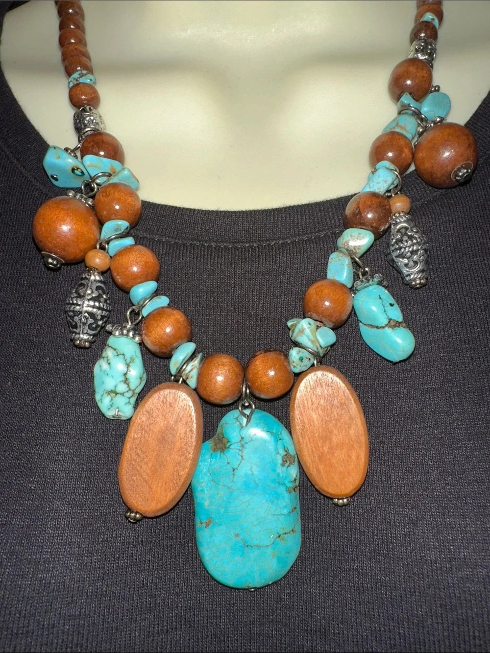 Turquoise and Wood Beaded Layered Bib Statement Necklace